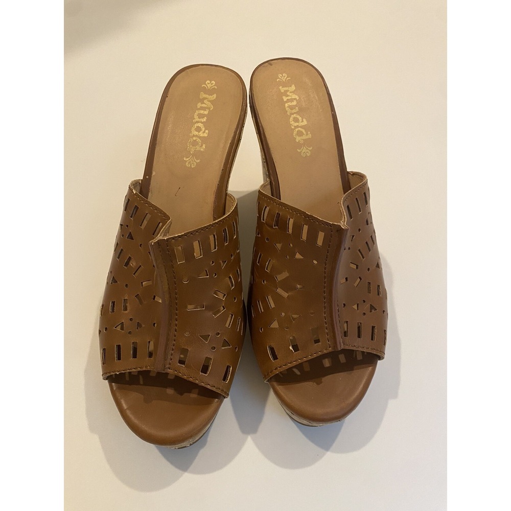 Mudd Sandals Womens 9.5 M Cork Slides Platform Wedge Slip On 73277 Brown Leather